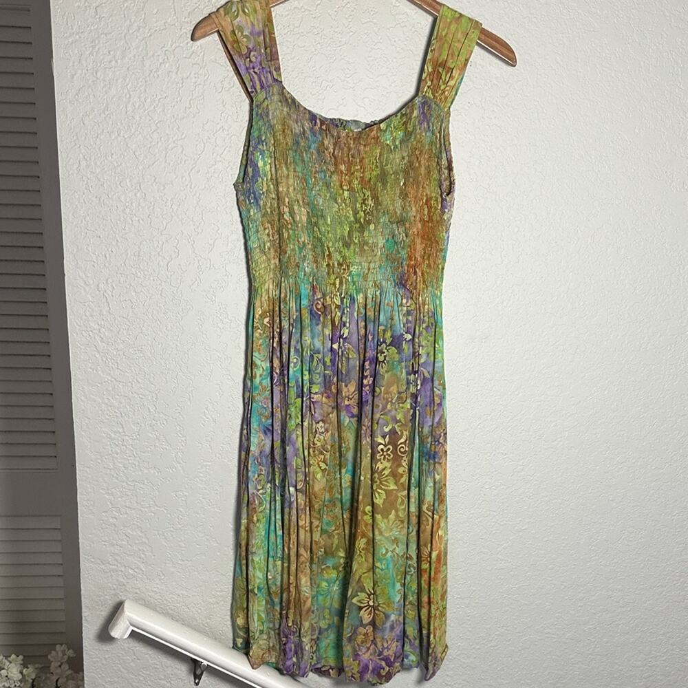 Fairy Smocked Watercolor Dress Green Brown Forest Smocked Sleeveless 90s Y2K